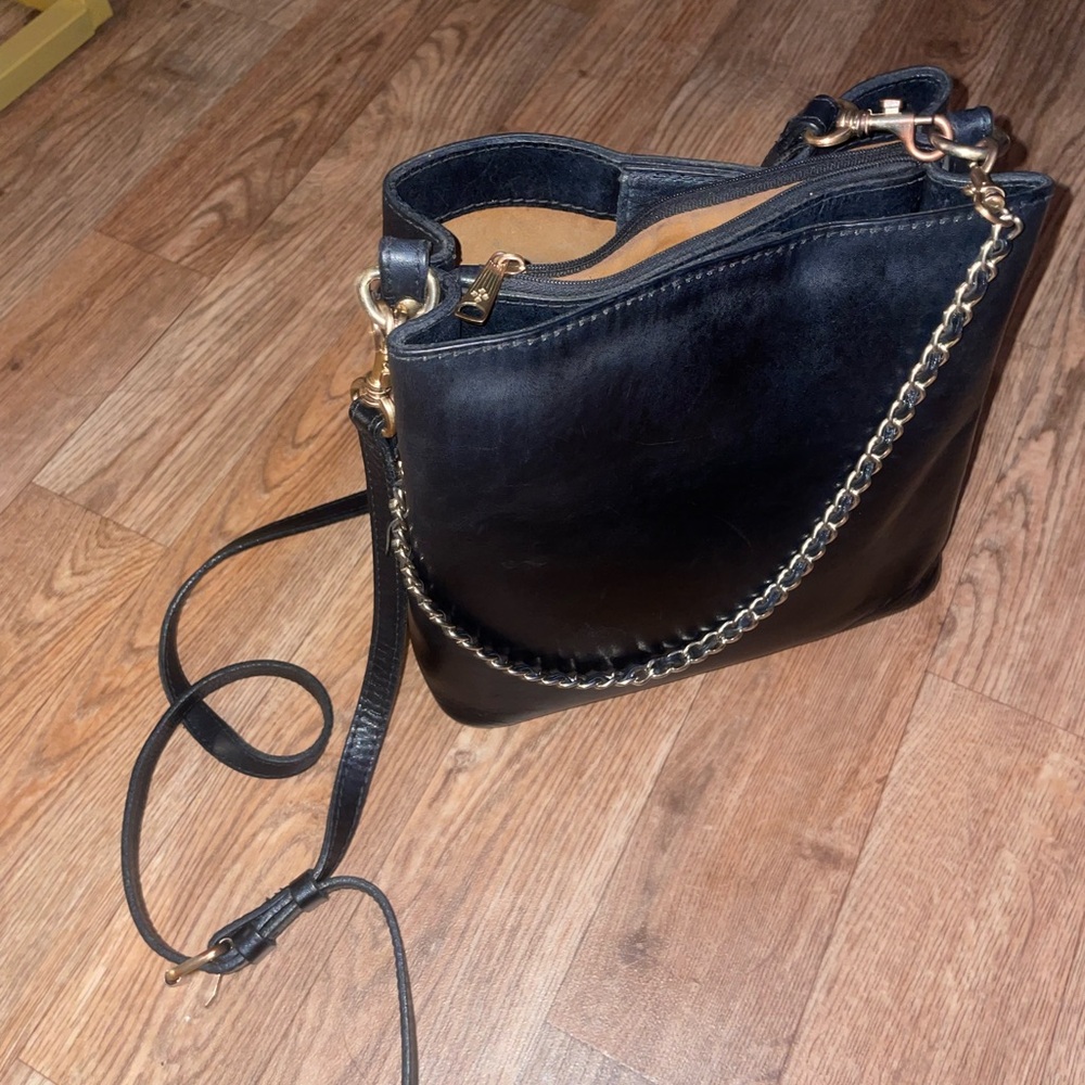 Patricia Nash Black Leather Shoulder Bag with Gold Chain